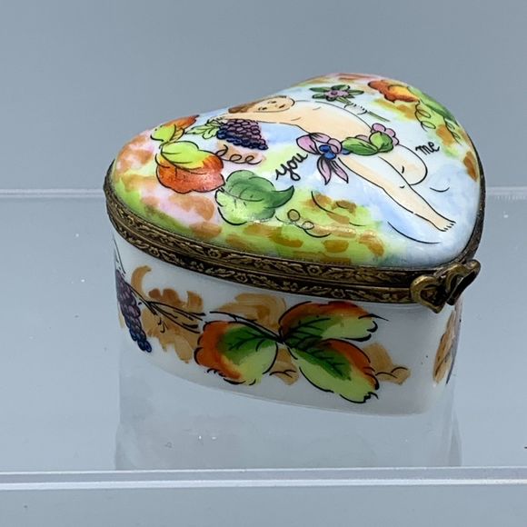 Heart Shape Limoges France Peint Main Hinged Trinket Box La Gloriette "you" "me" - Picture 6 of 10